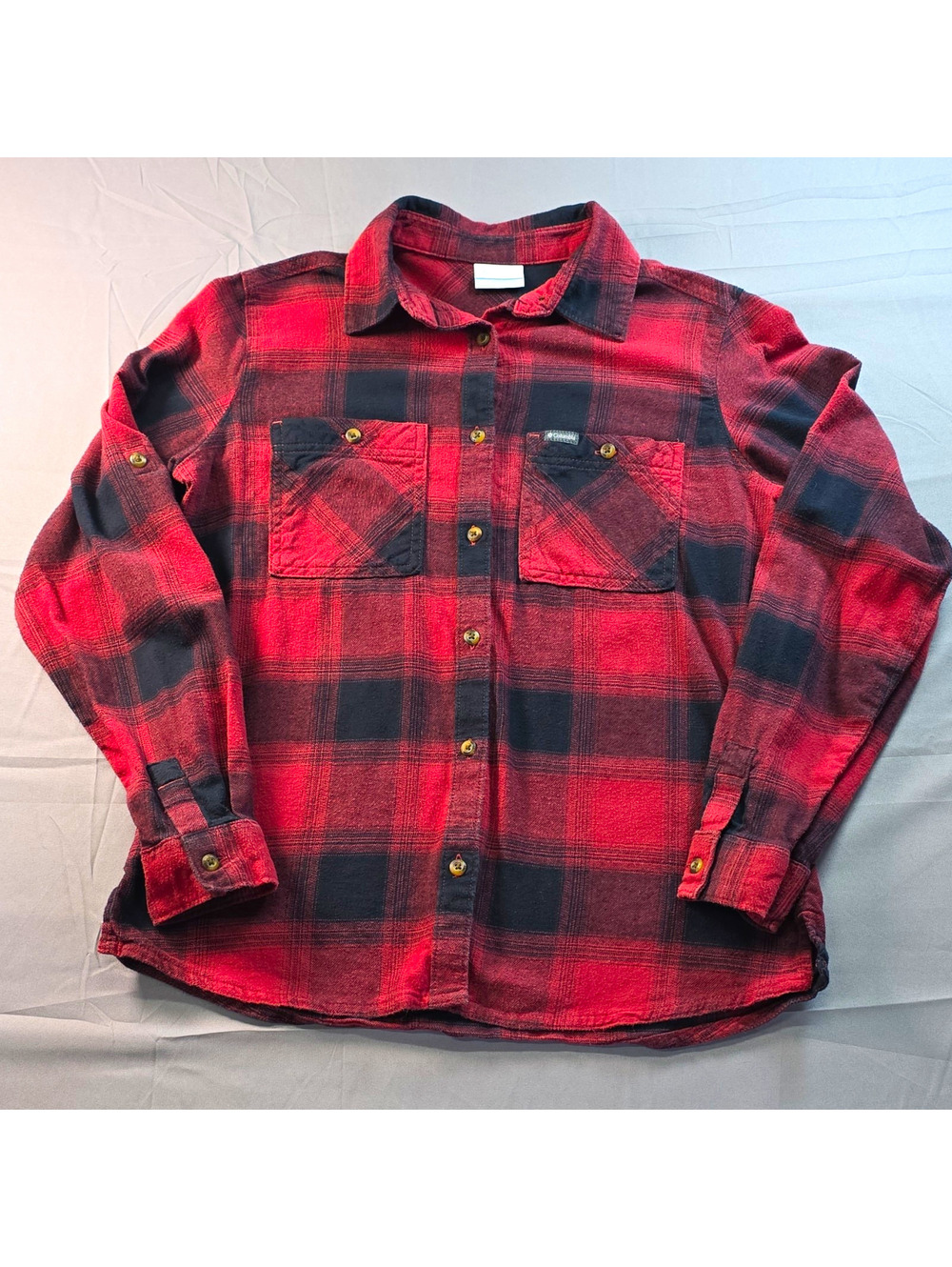 Columbia Flannel Shirt S Plaid Button Down Red/Black 100% Cotton